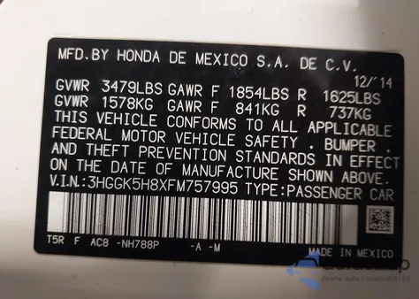 2015 Honda Fit Ex/Ex-L from USA, damaged, VIN 3HGGK5H8XFM757995